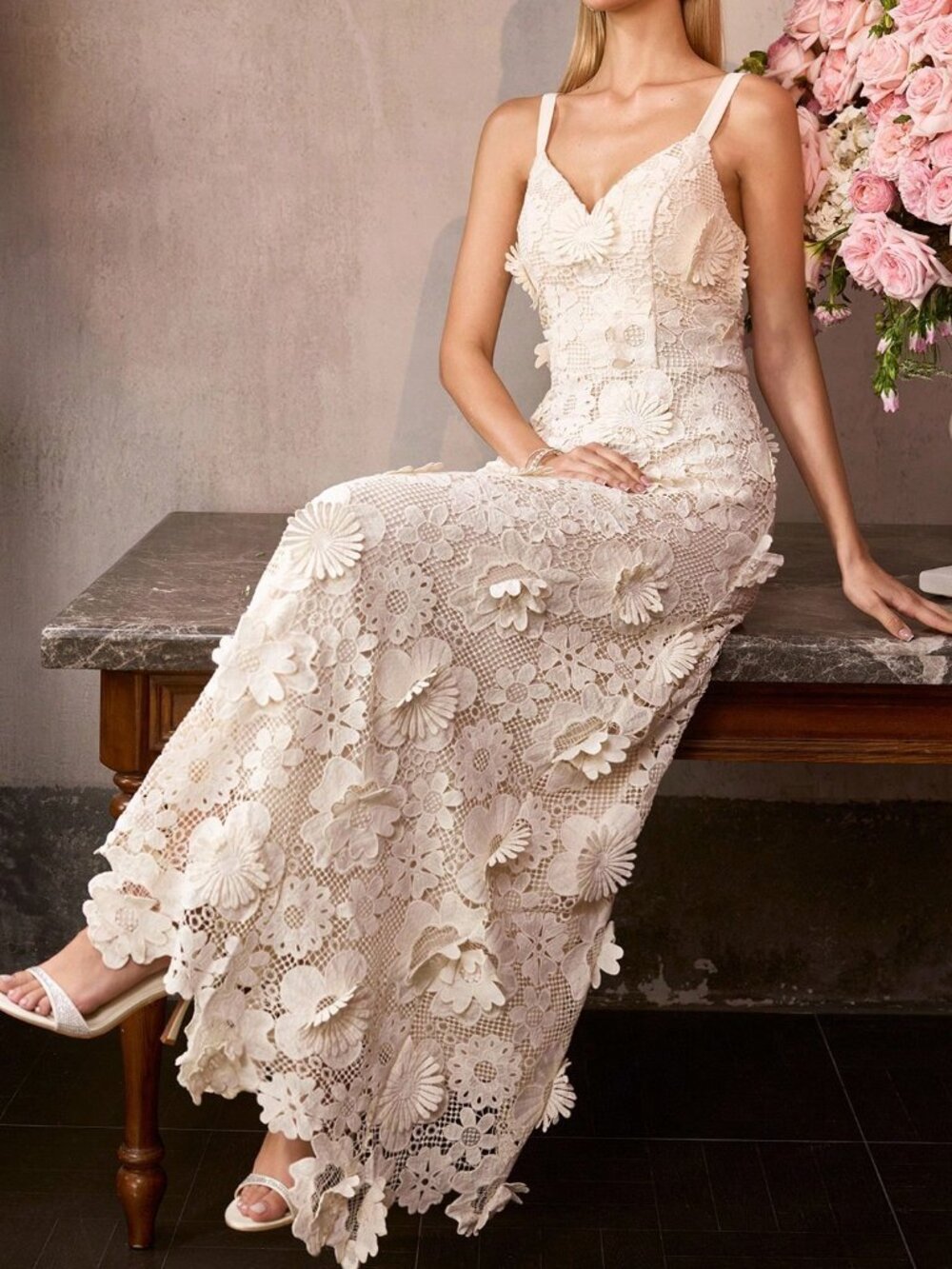 Apricot Elegant Women's Sleeveless Lace Dress with 3D Floral V-Neck Floor-Length - Picture 6 of 6